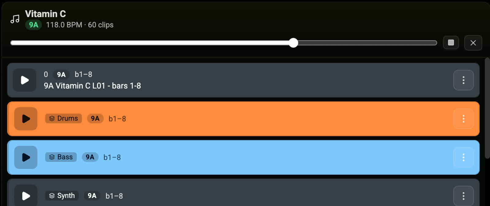 TrackFinder – Vier Stems je Loop, nach Inhalt eingefärbt